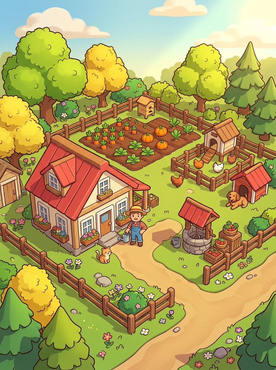 The coop, barn and shop stand on the farm