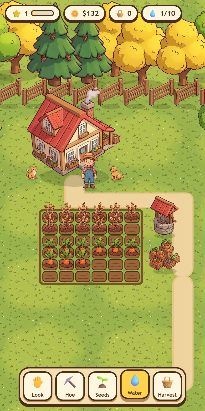 Fields of crops at different stages beside the farmhouse